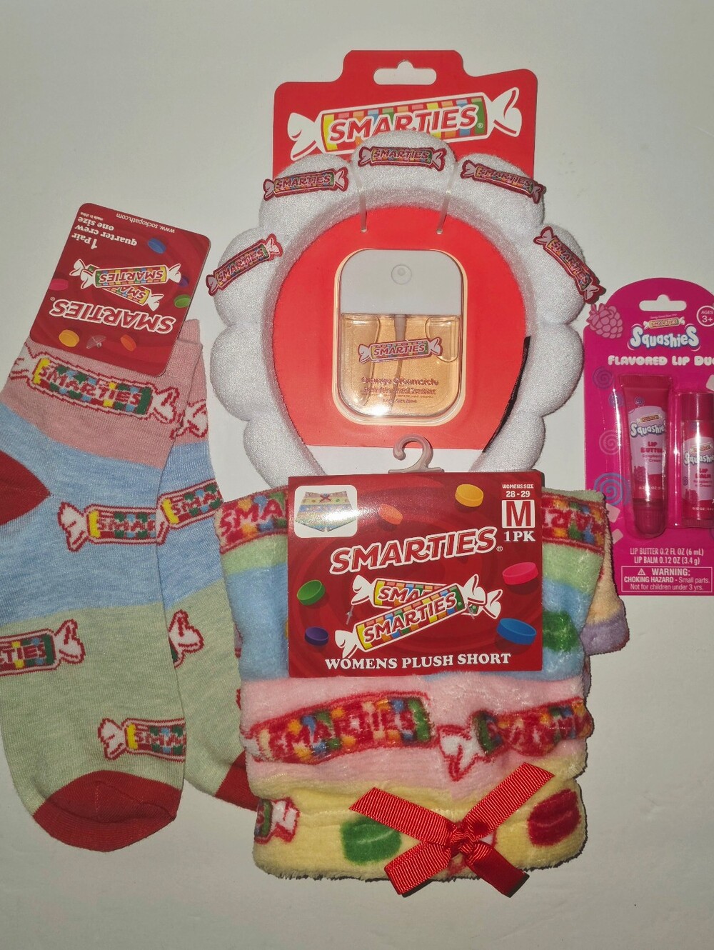 Smarties Plush Short, Socks, Spa Headband, Lip Butter & Balm Large Gift Set NWT